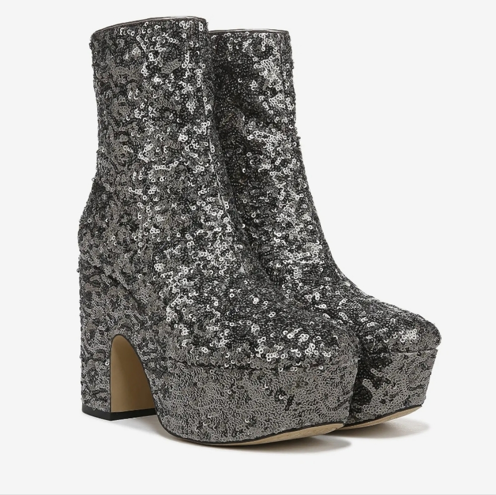 Sequin Platform Ankle Boots - Silver